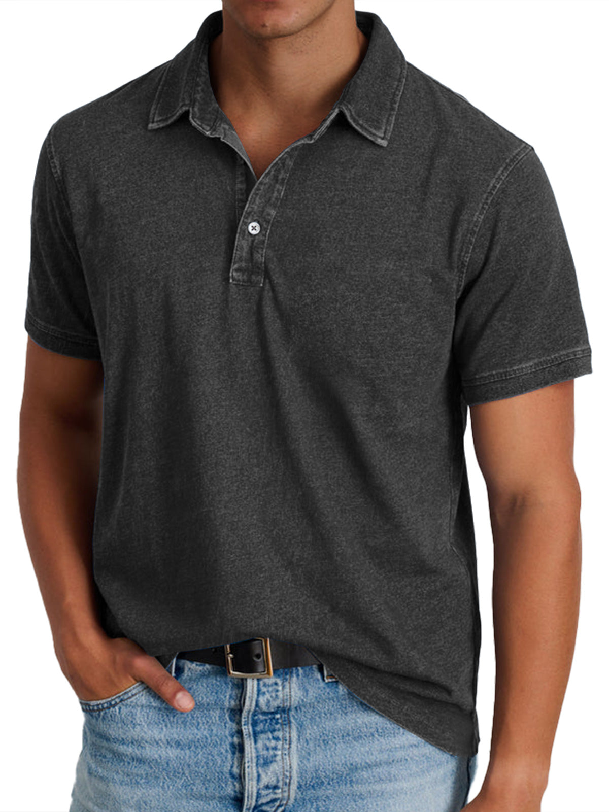Men's Retro Lapel Button Casual Solid Color Short Sleeve POLO Shirt