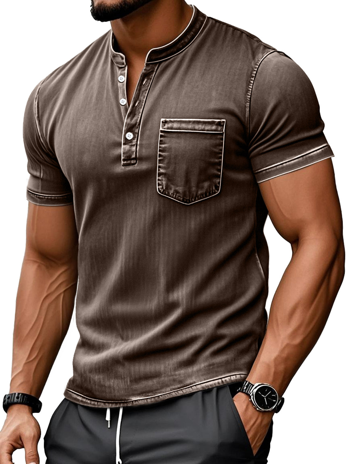 Men's Retro Everyday Stand Collar Pocket Casual Short Sleeve Henley Shirt