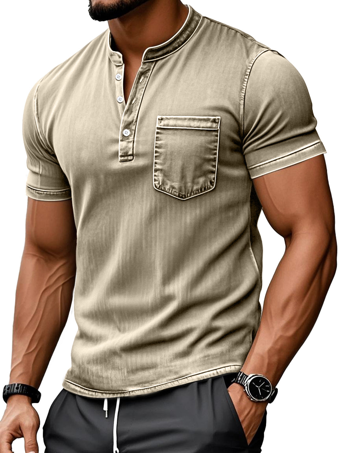 Men's Retro Everyday Stand Collar Pocket Casual Short Sleeve Henley Shirt